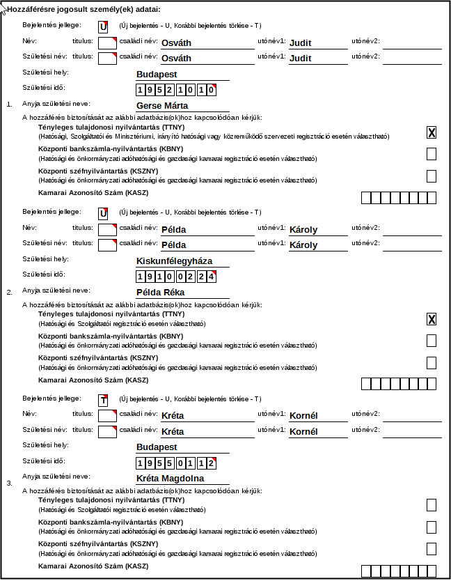 AFADREG nyomtatvány 2. oldal - a hozzáférést igénylő személyek adatai