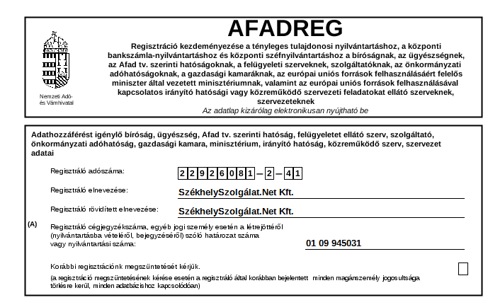 AFADREG adatlap A) szekció - az hozzáférést kérő szolgáltató adatai