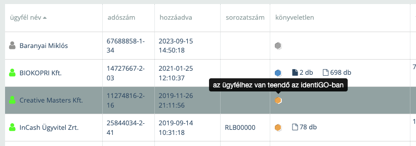 identiGO feladatok, szinkron megjelenítése a Cégek kezelése nézetben Cashbookban