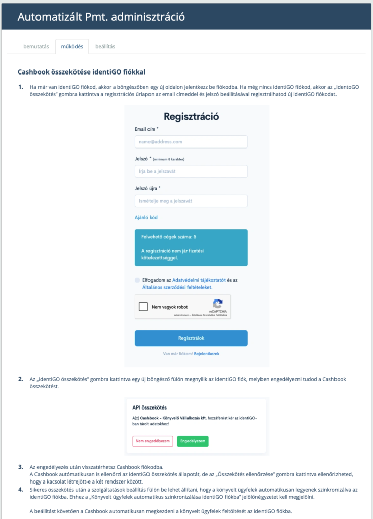 Cashbook összekötés az identiGO-val leírás