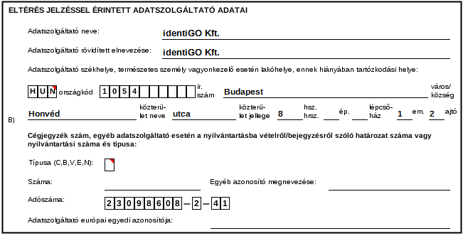 TTNYELT B) blokk - az eltéréssel érintett adatszolgáltató adatai