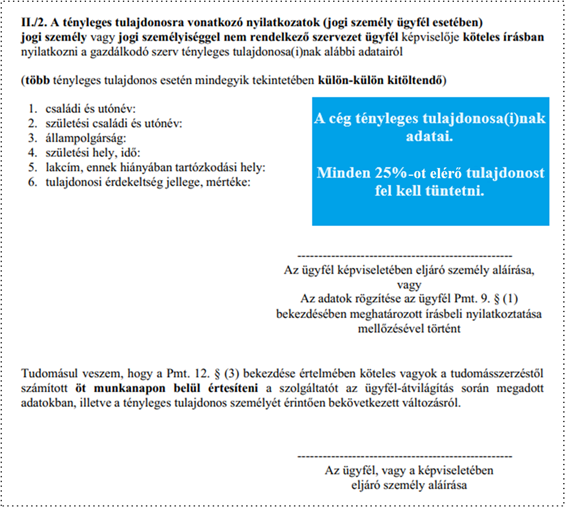 Ügyfélátvilágítási adatlap II/2. blokk - a tényleges tulajdonosokra vonatkozó adatok cég esetén