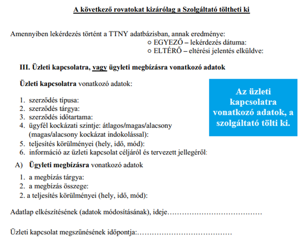 Ügyfélátvilágítási adatlap III. blokk - az üzleti kapcsolatra vonatkozó adatok