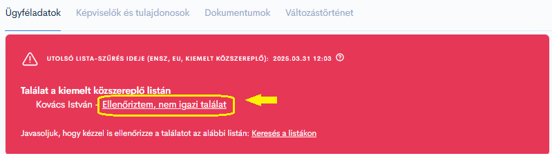 Téves kiemelt közszereplő találat törlése az identiGO-ban - ügyféladatlap figyelmeztető blokk