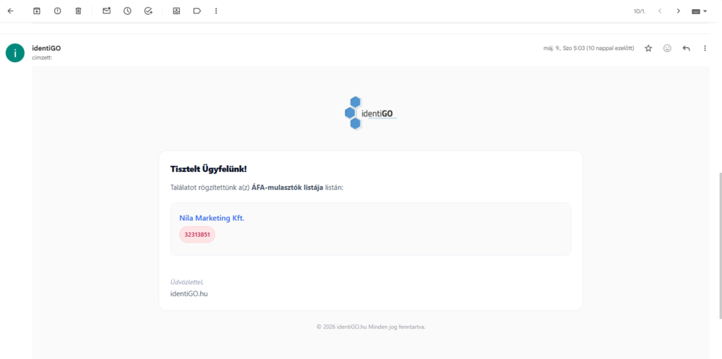 Találat a NAV negatív listáján - identiGO képernyő