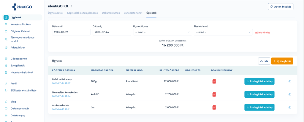 Ügyfél adatlap - ügylet hozzáadása, ügyletek fül