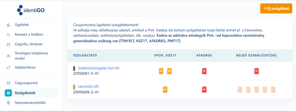 Szolgáltatók adatainak kitöltése az identiGO-ban