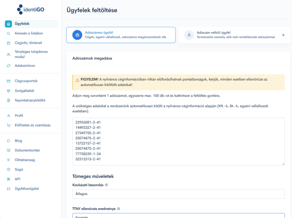 Tömeges ügyfélfeltöltés identiGO-ba adószám alapján