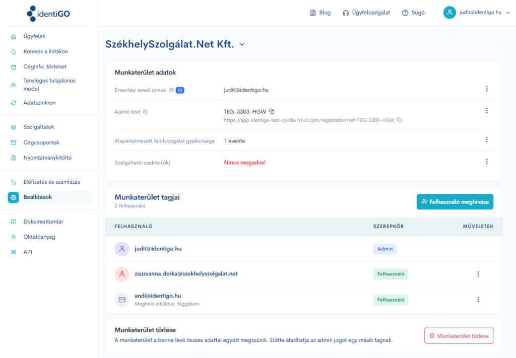 Munkaterület beállításai
